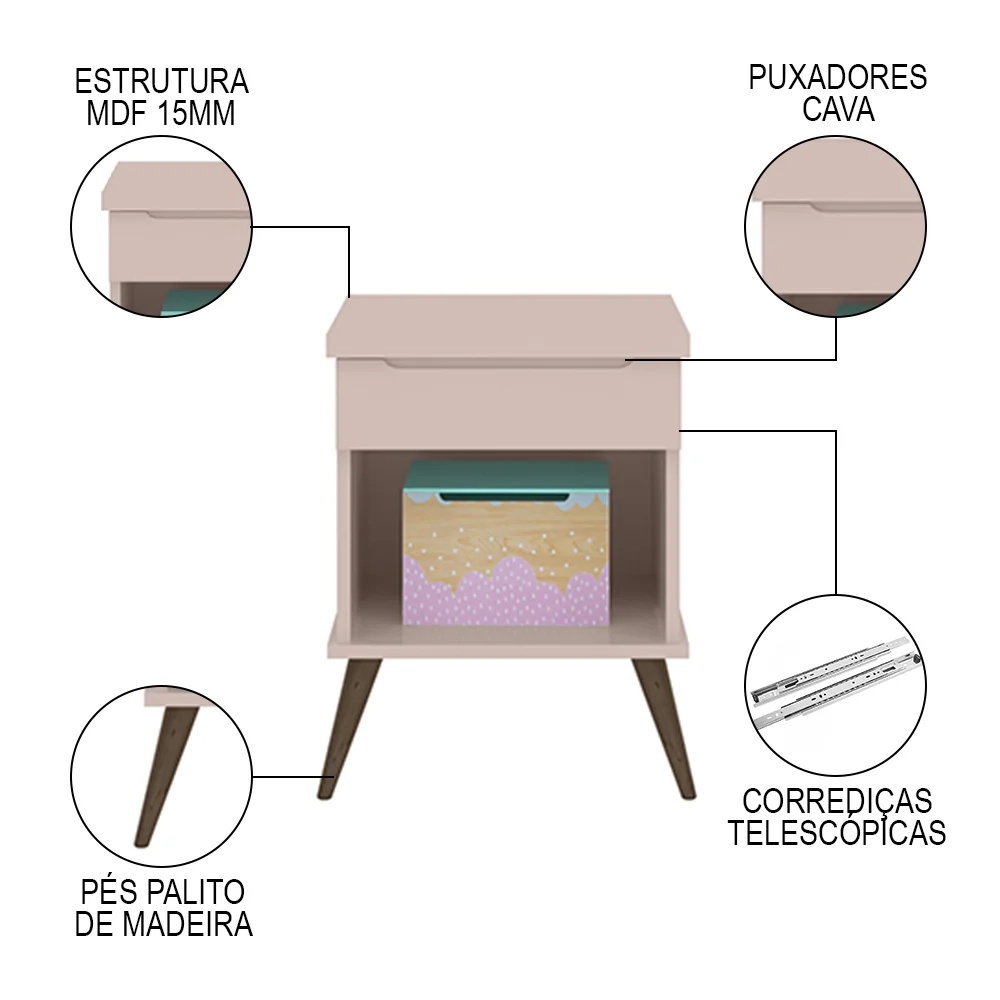Mesa de Cabeceira Infantil com 1 Gaveta Melinda Rosê - Phoenix