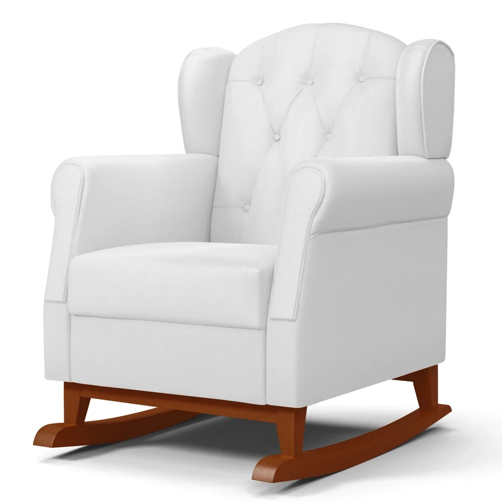 Poltrona Amamentação Base Madeira Balanço e Puff Letícia Sintético Branco - Phoenix