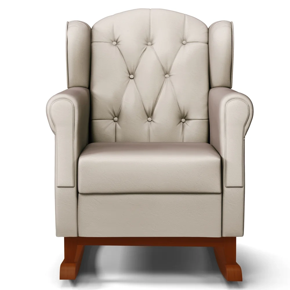 Poltrona Amamentação Base Madeira Balanço e Puff Letícia Sintético Bege - Phoenix