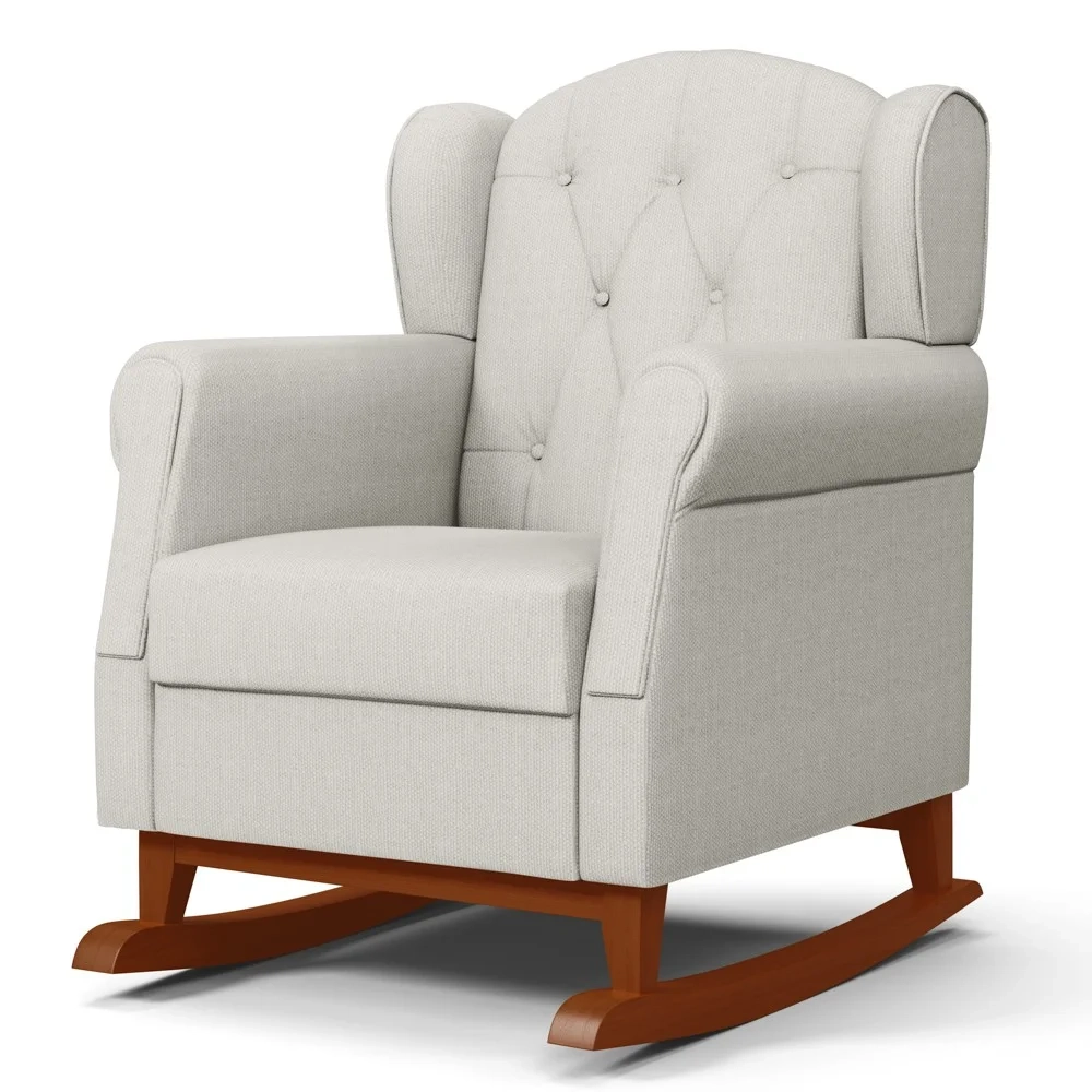 Poltrona Amamentação Base Madeira Balanço e Puff Letícia Linho Off White - Phoenix