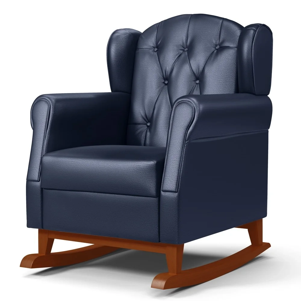 Poltrona Amamentação Base Madeira Balanço e Puff Letícia Sintético Azul Marinho - Phoenix