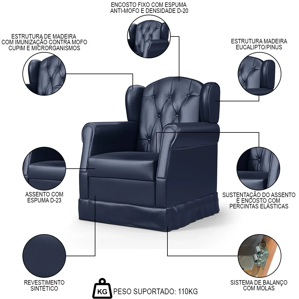 Poltrona de Amamentação Balanço Letícia Sintético Azul Marinho - Phoenix