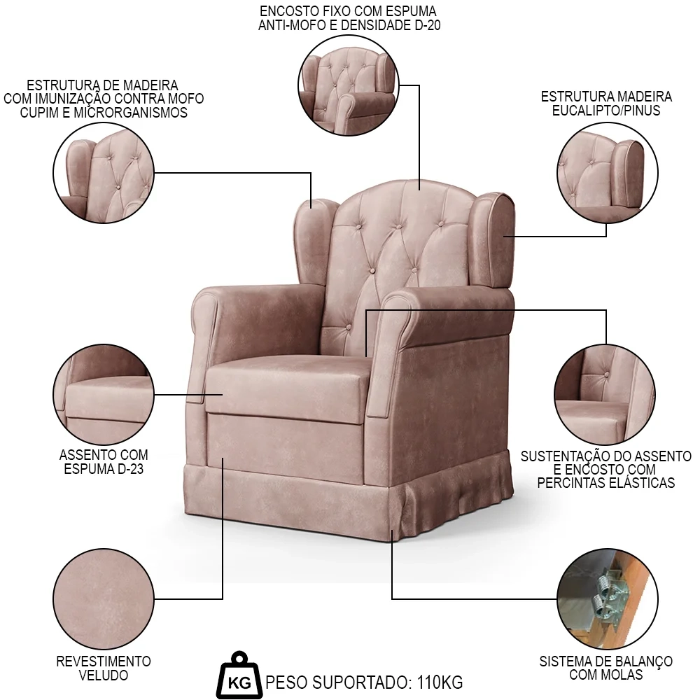 Poltrona de Amamentação Balanço Letícia Veludo Rosê - Phoenix