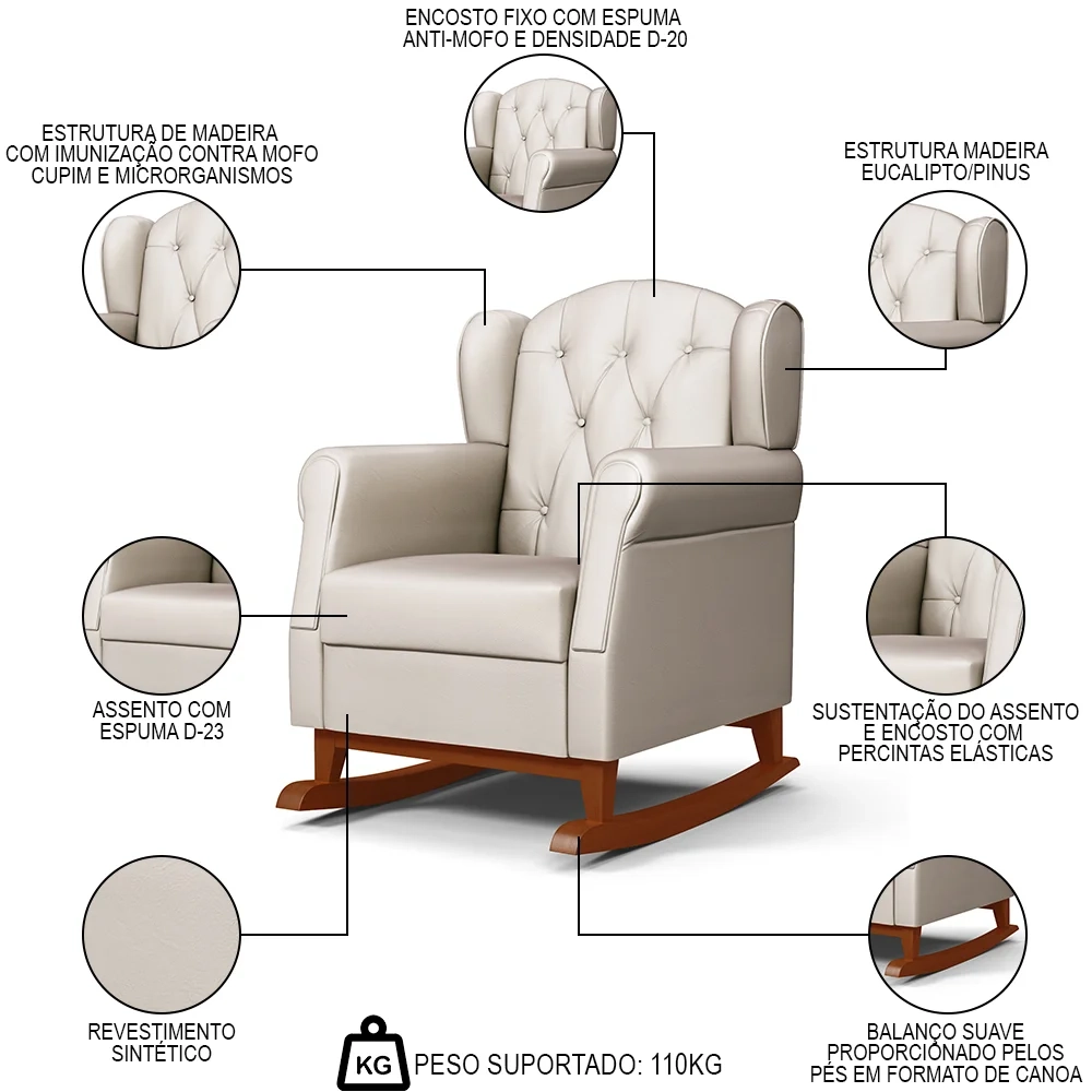 Poltrona de Amamentação Base Madeira Balanço Letícia Sintético Bege - Phoenix