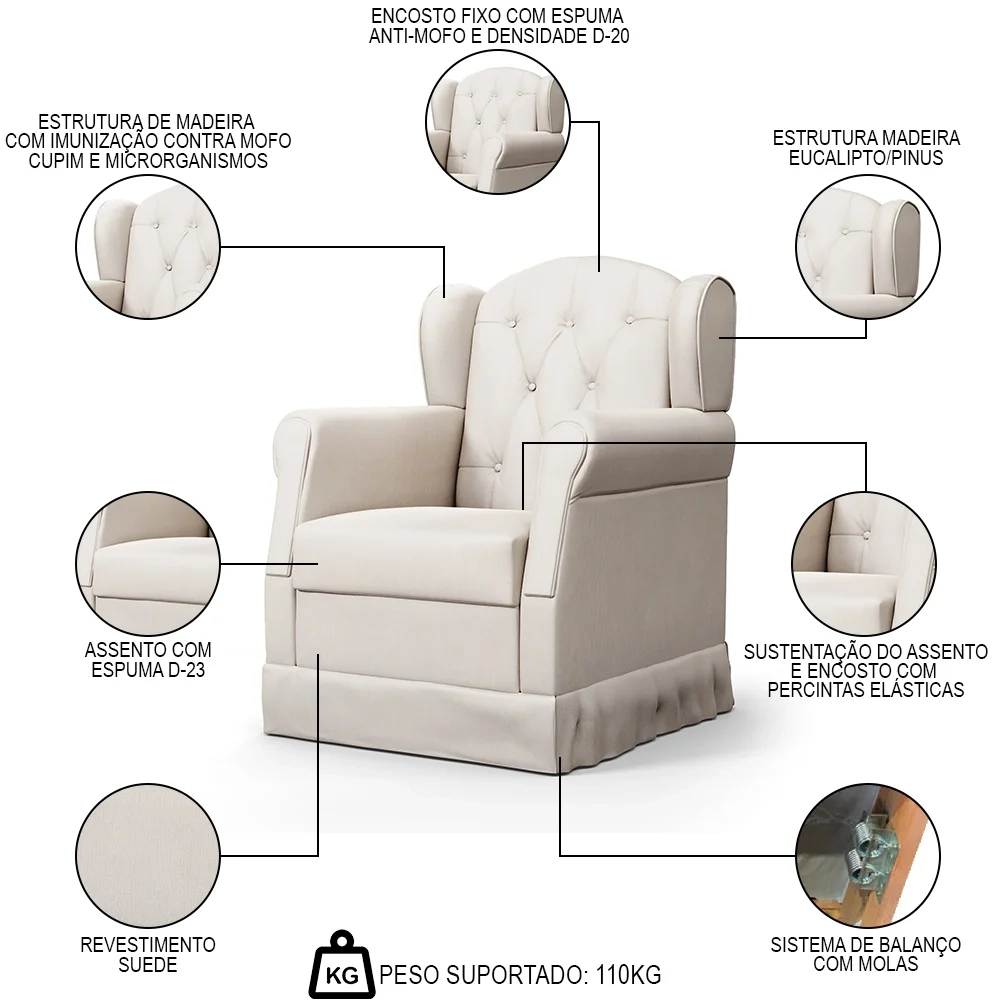 Poltrona de Amamentação Balanço Letícia Suede Bege - Phoenix