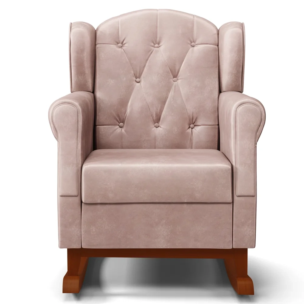 Poltrona de Amamentação Base Madeira Balanço Letícia Veludo Rosê - Phoenix