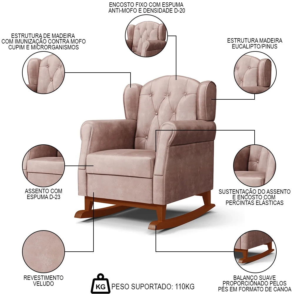 Poltrona de Amamentação Base Madeira Balanço Letícia Veludo Rosê - Phoenix