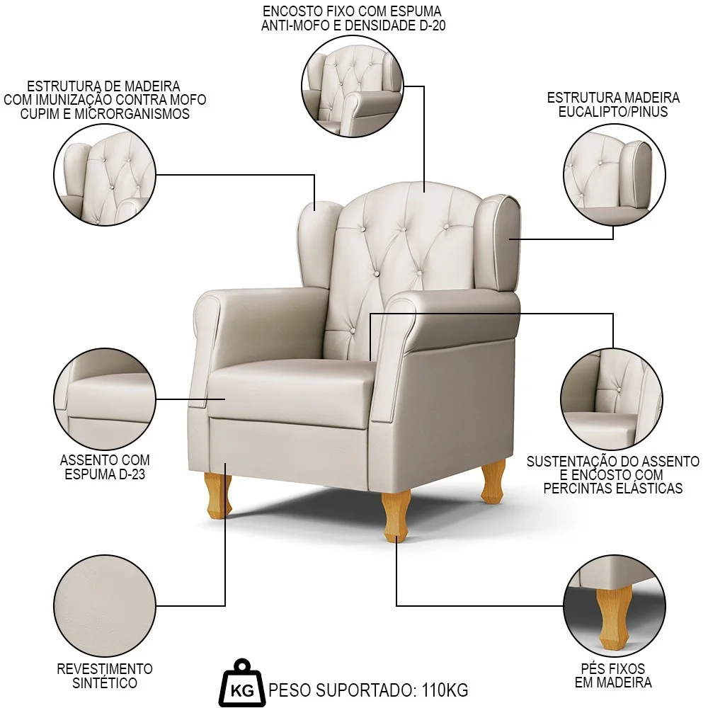 Poltrona de Amamentação com Pés de Madeira Letícia Sintético Bege - Phoenix