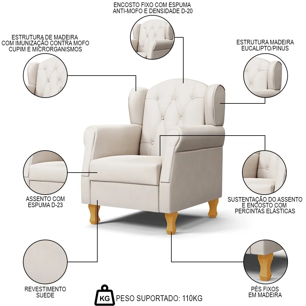 Poltrona de Amamentação com Pés de Madeira Letícia Suede Bege - Phoenix