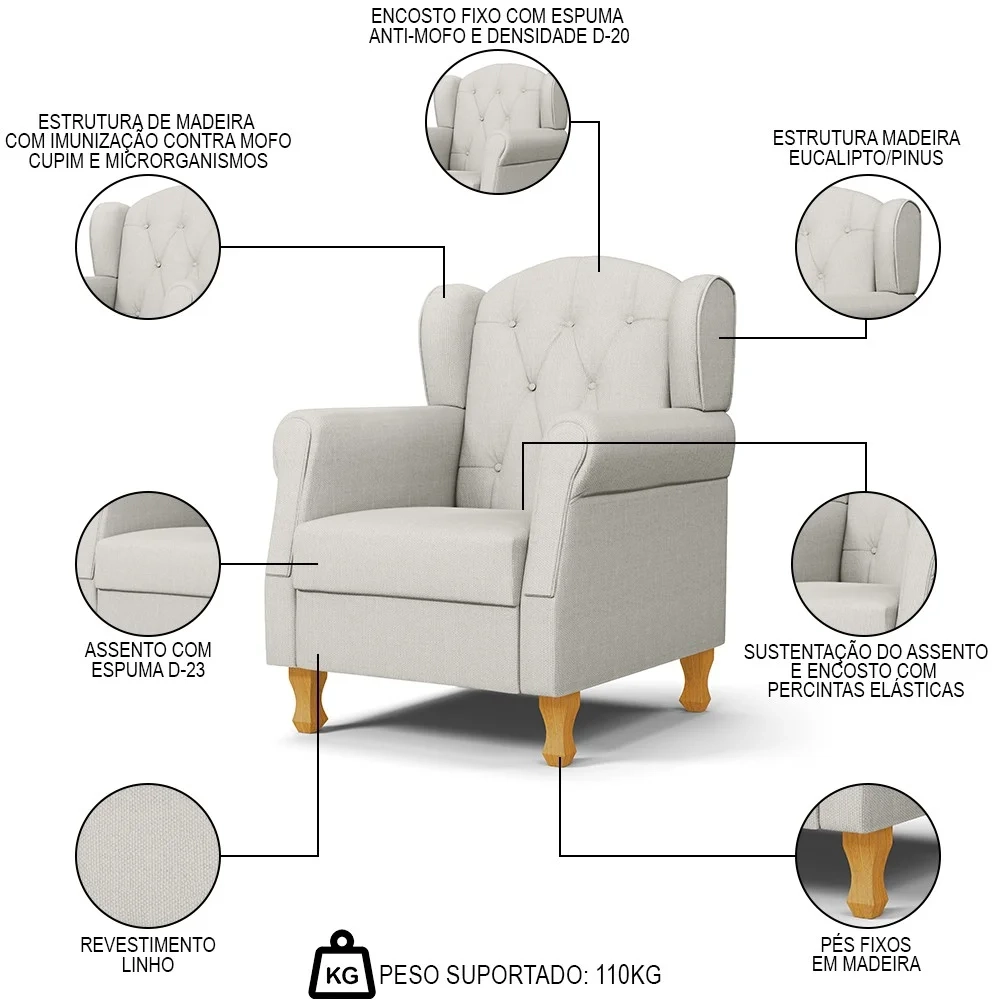 Poltrona de Amamentação com Pés de Madeira Letícia Linho Off White - Phoenix