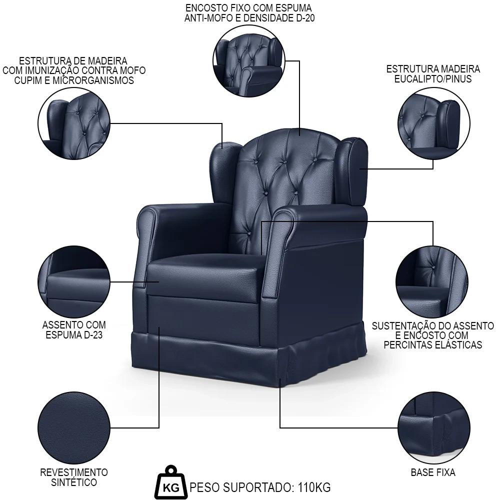 Poltrona de Amamentação Fixa Letícia Sintético Azul Marinho - Phoenix