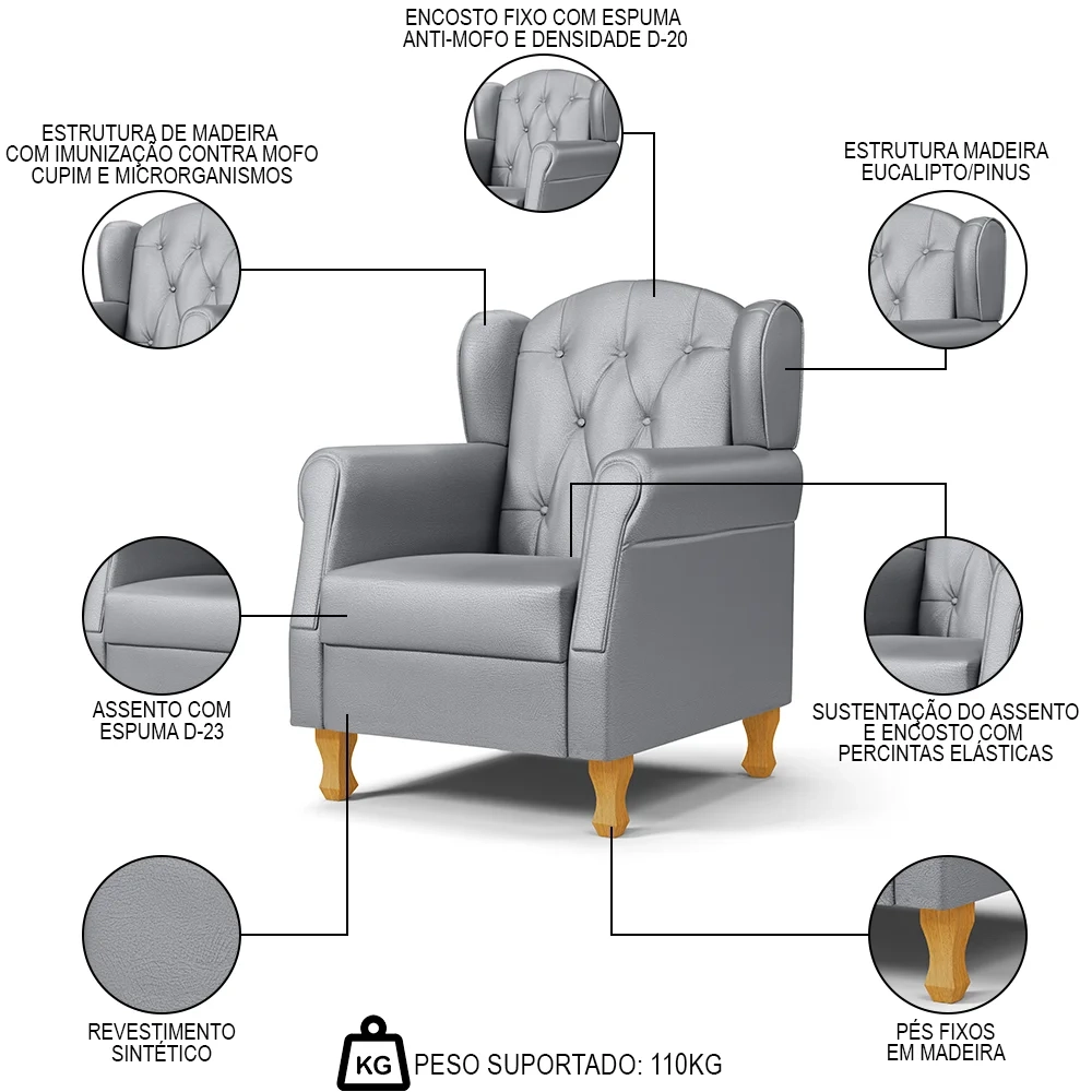 Poltrona de Amamentação Pés Madeira e Puff Letícia Sintético Cinza - Phoenix