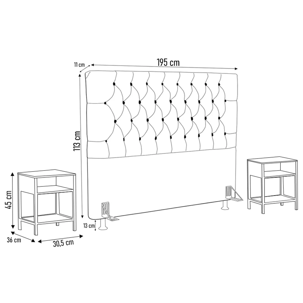 Cabeceira Casal King 195cm Cristal Boucle Bege e 2 Mesas Laterais Plaza LC1 Preto - Mpozenato