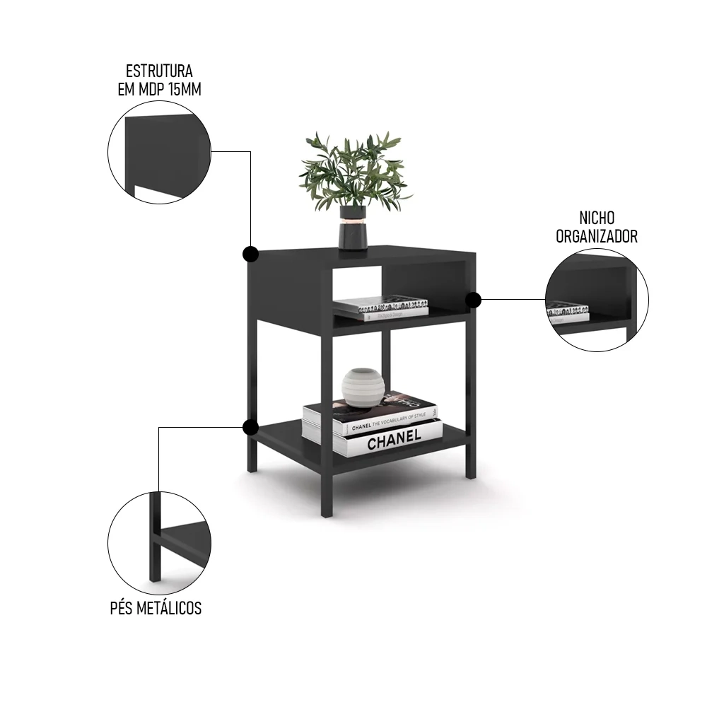 Cabeceira Casal King 195cm Cristal Boucle Cinza e 2 Mesas Laterais Plaza LC1 Preto - Mpozenato