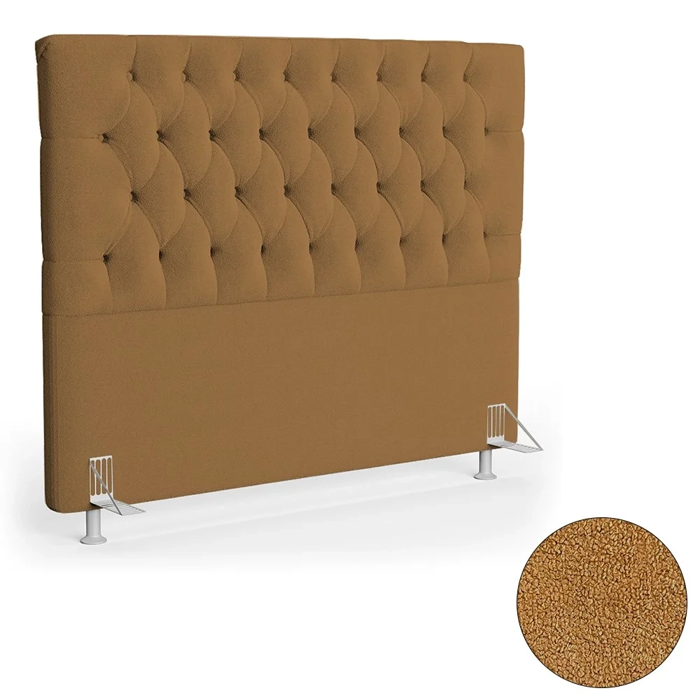 Cabeceira Casal 140cm Cristal Boucle Mostarda e 2 Mesas Laterais Plaza LC1 Preto - Mpozenato