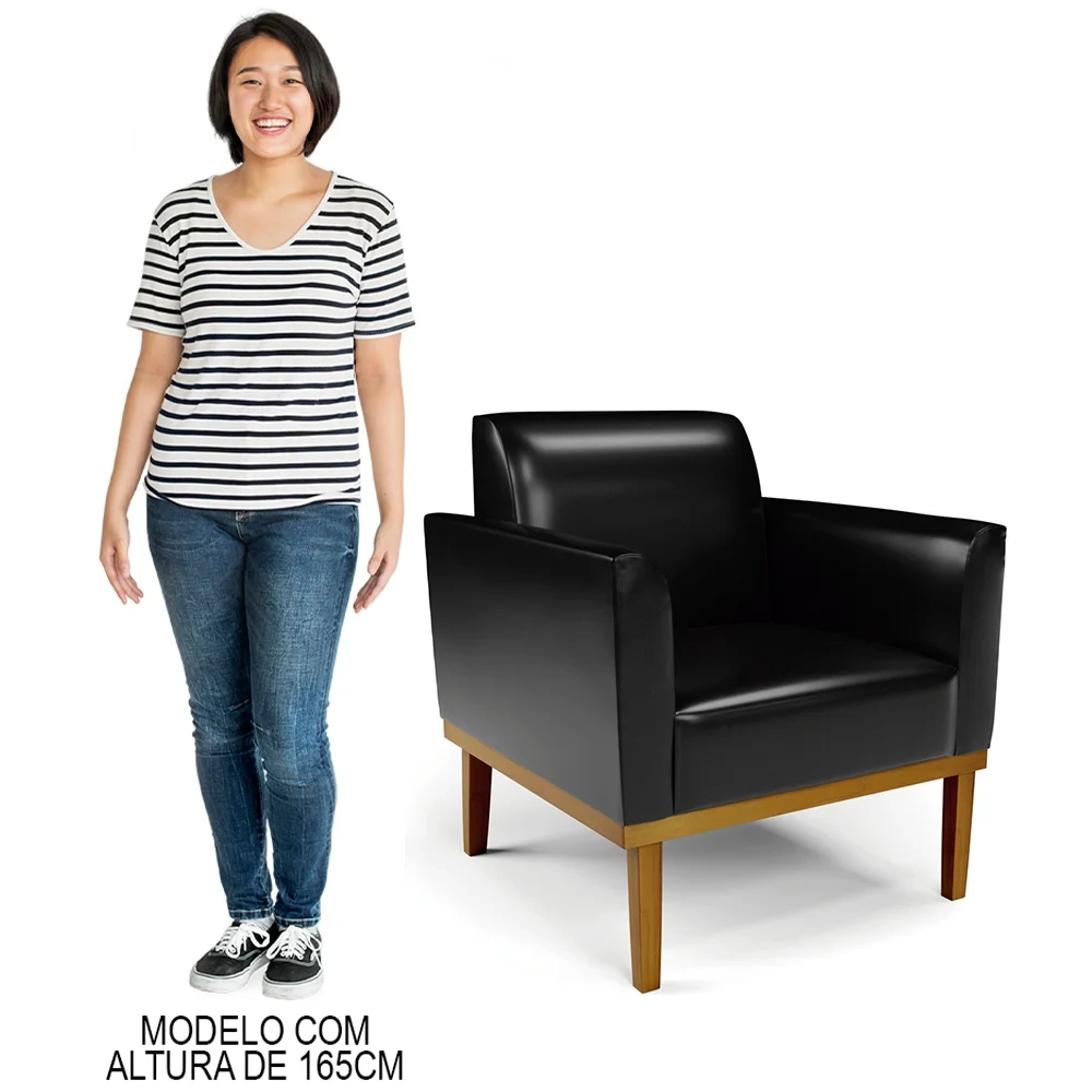 Poltrona Decorativa Base Madeira Castanho Maressa Sintético PU Preto- Ibiza