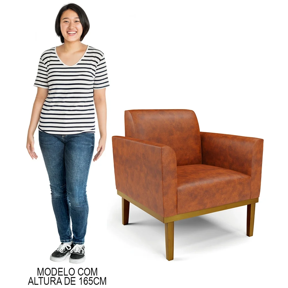 Poltrona Decorativa Base Madeira Castanho Maressa Sintético PU Nozes - Ibiza