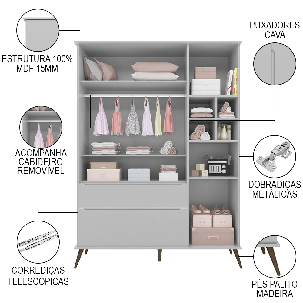 Jogo De Quarto Infantil Guarda Roupa e Cômoda 100% MDF Melinda Cinza - Phoenix