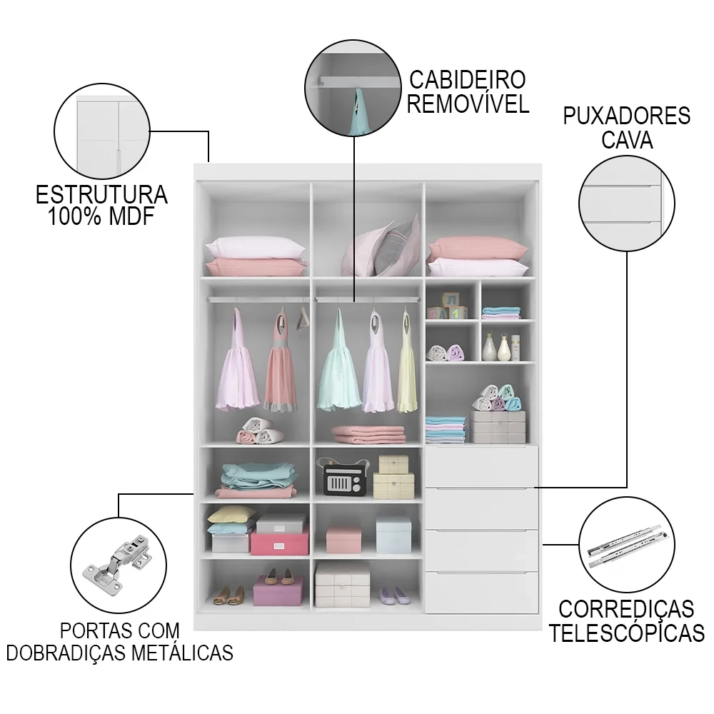 Jogo de Quarto Infantil Guarda Roupa e Cômoda Pérola Branco - Phoenix