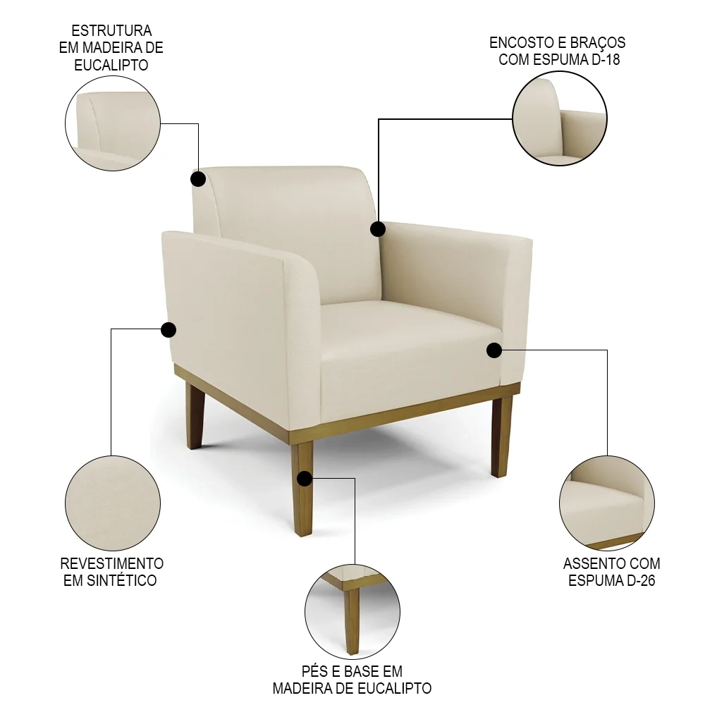 Poltrona Decorativa Base Madeira Castanho Maressa Sintético Bege - Ibiza