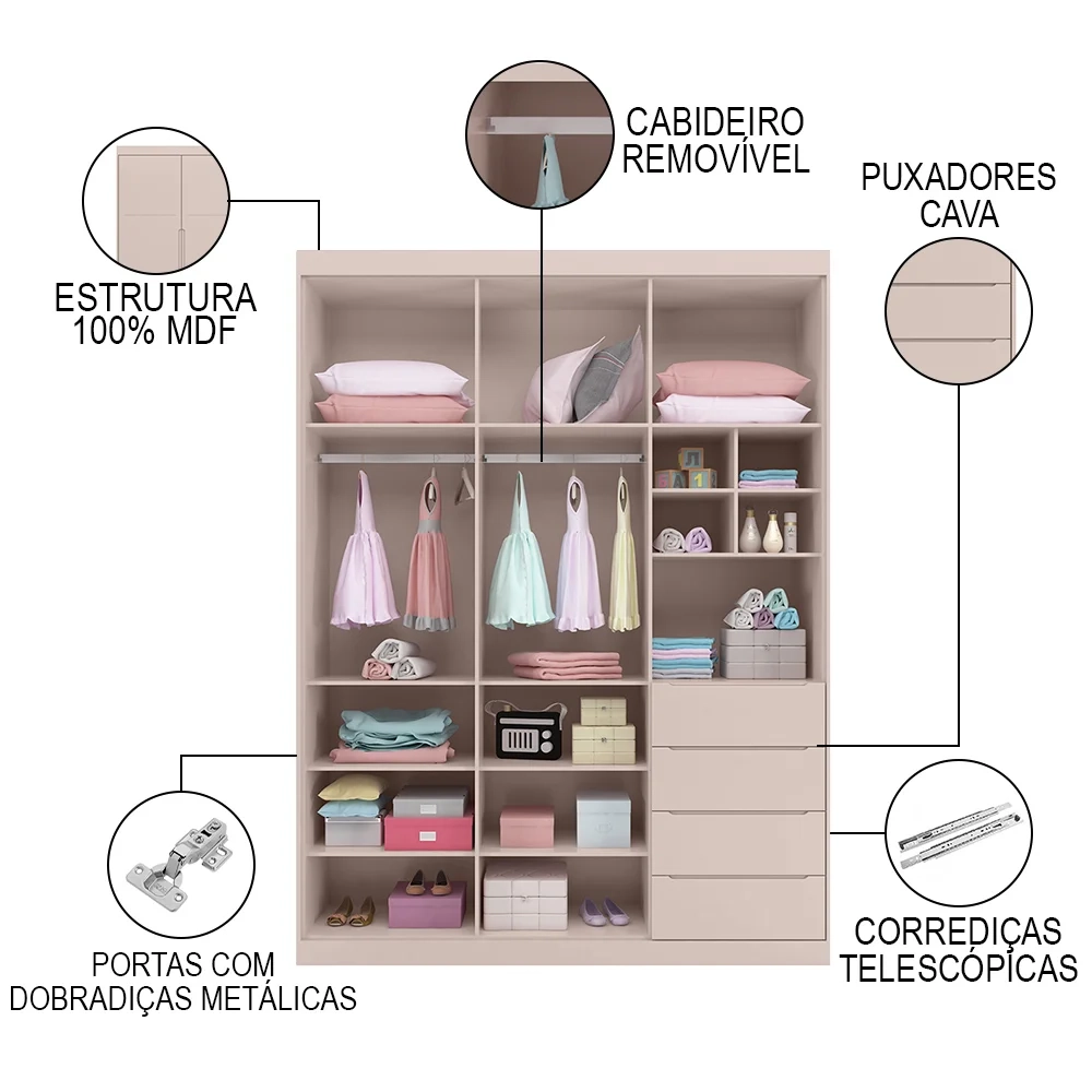 Jogo de Quarto Infantil Guarda Roupa e Cômoda Pérola Rose - Phoenix