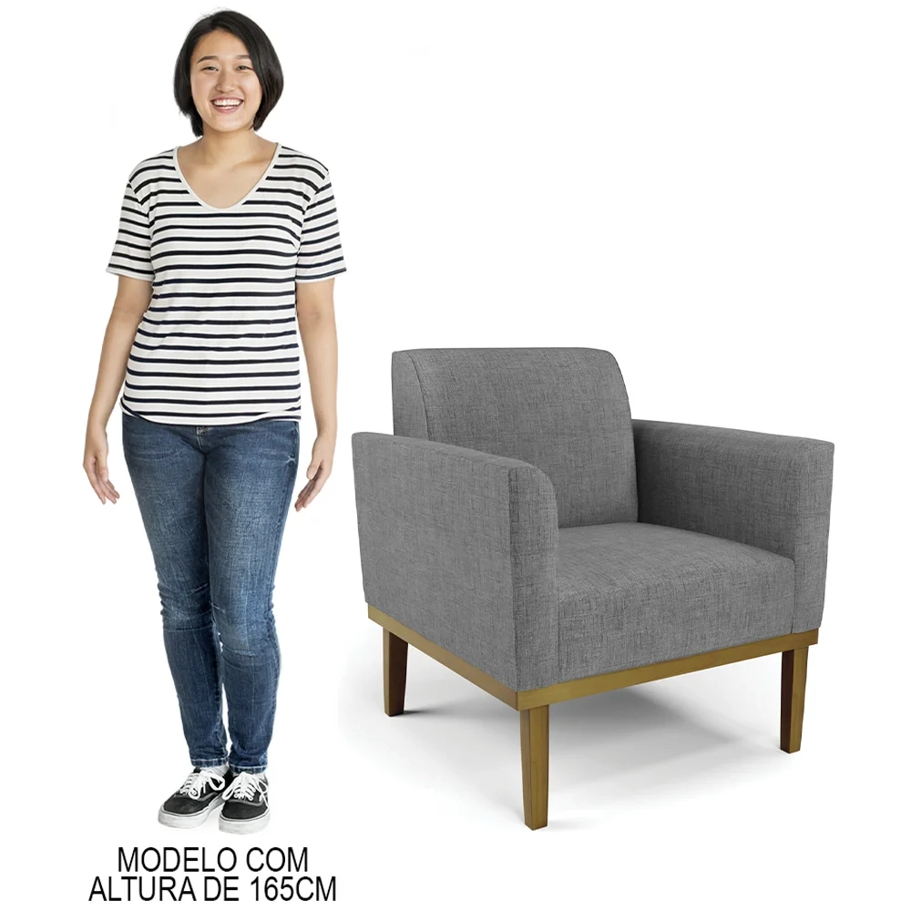 Poltrona Base Madeira Castanho Kit 2 Maressa Linho Grafite - Ibiza