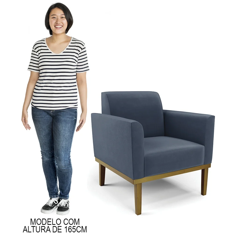 Poltrona Decorativa Base Madeira Castanho Maressa Suede Azul Marinho - Ibiza