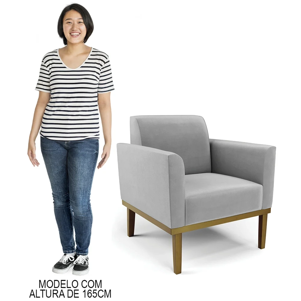 Poltrona Decorativa Base Madeira Castanho Maressa Suede Cinza - Ibiza