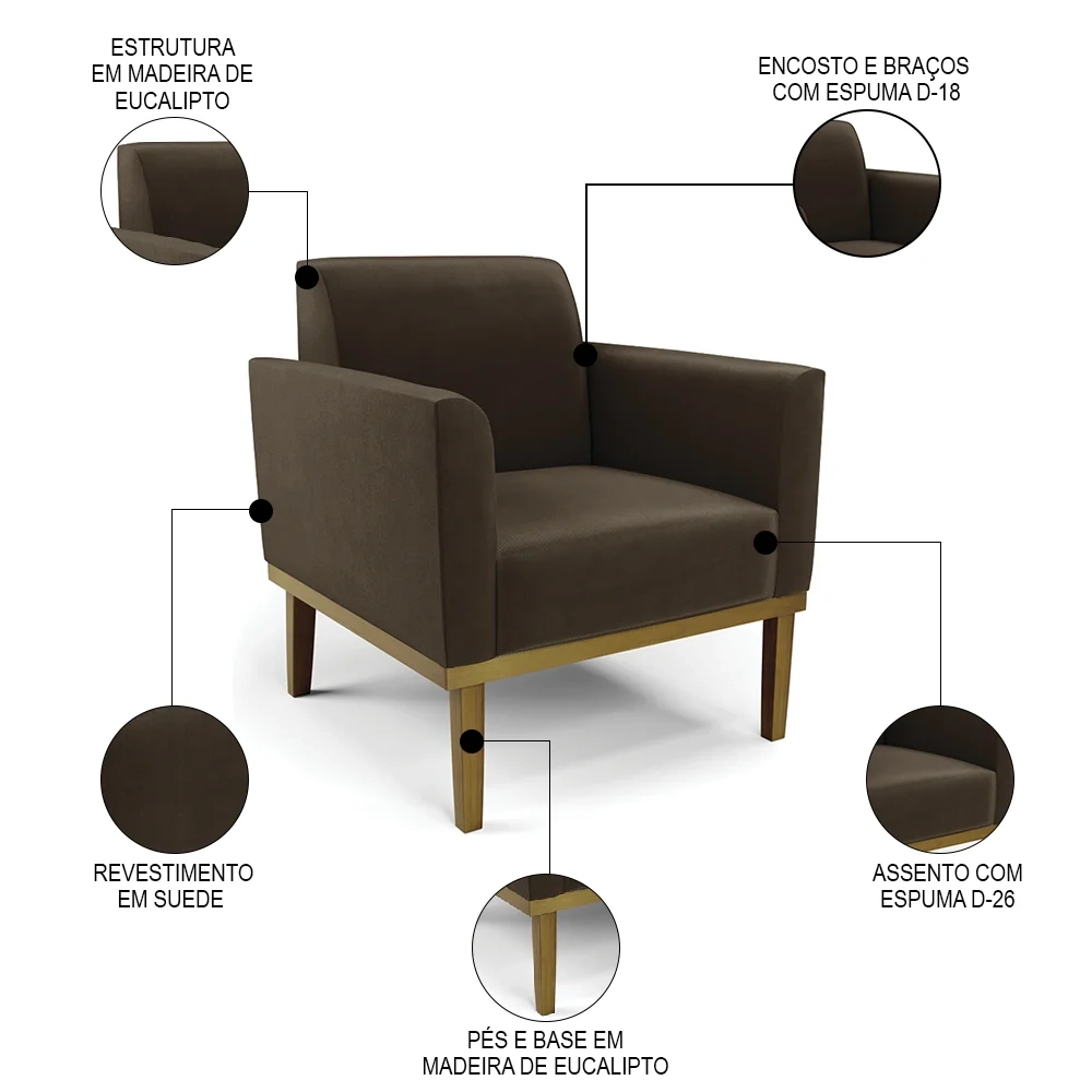 Poltrona Decorativa Base Madeira Castanho Maressa Suede Marrom - Ibiza