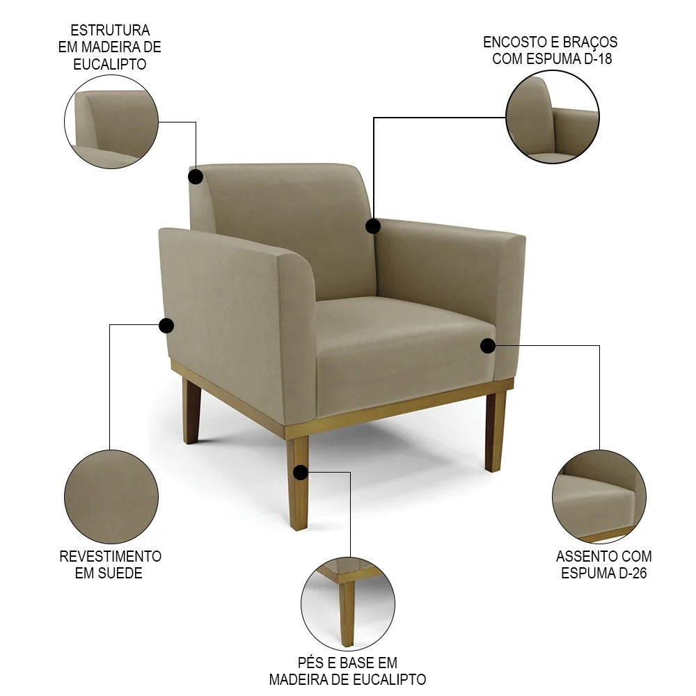 Poltrona Decorativa Base Madeira Castanho Maressa Suede Marrom RT - Ibiza