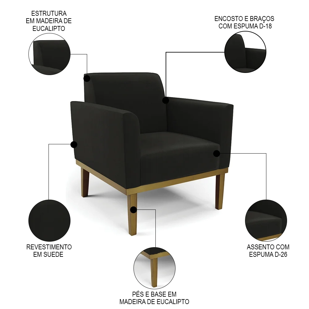 Poltrona Decorativa Base Madeira Castanho Maressa Suede Preto - Ibiza