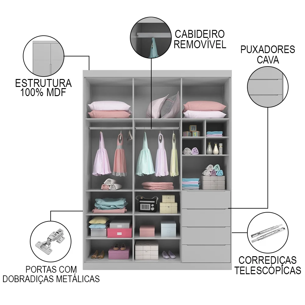 Jogo de Quarto Infantil Guarda Roupa e Cômoda Pérola Cinza - Phoenix