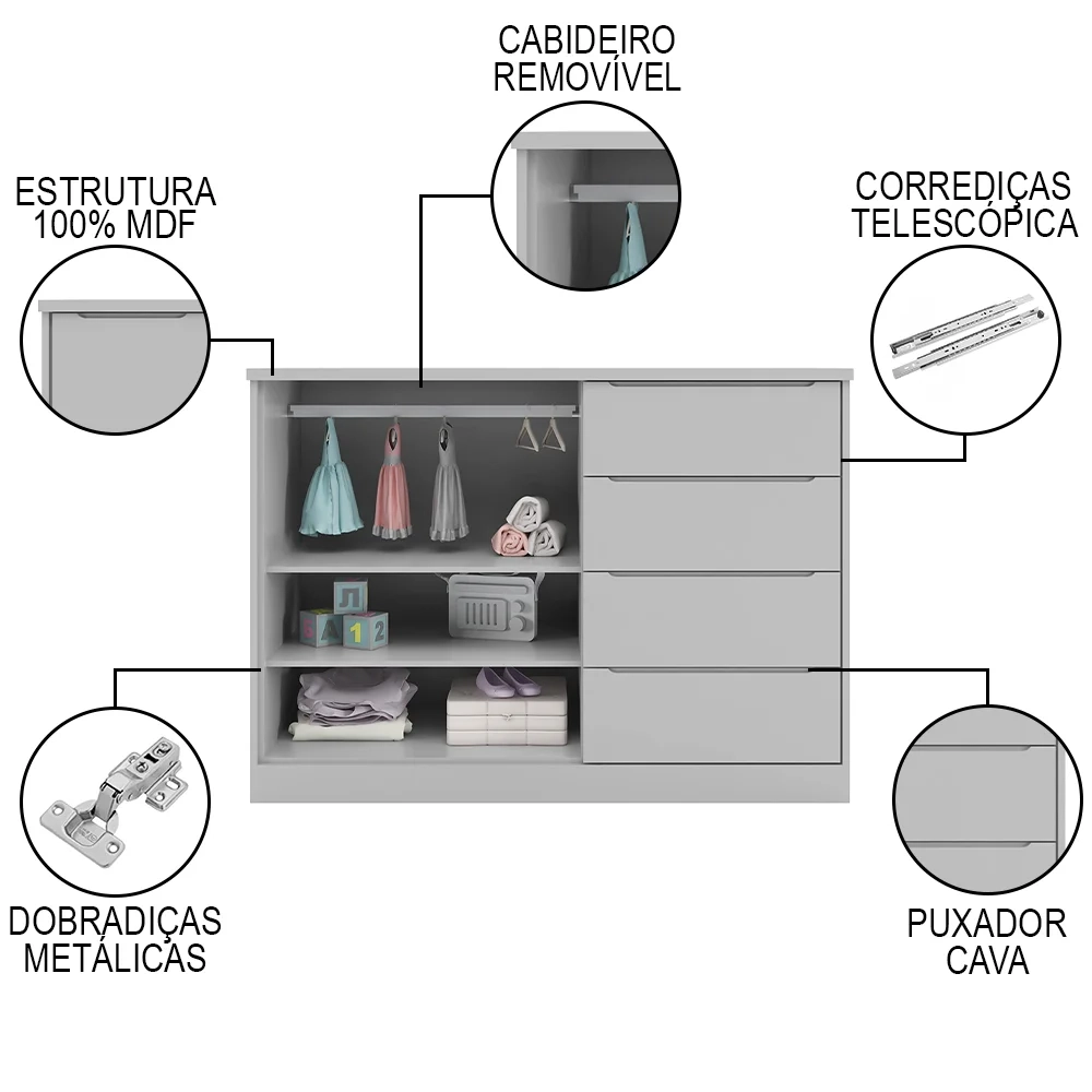 Jogo de Quarto Infantil Guarda Roupa e Cômoda Pérola Cinza - Phoenix