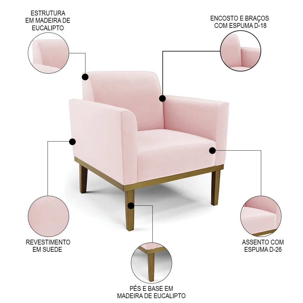 Poltrona Decorativa Base Madeira Castanho Maressa Suede Rosa Bebê - Ibiza