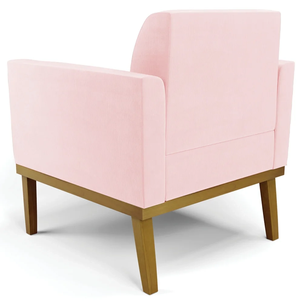 Poltrona Decorativa Base Madeira Castanho Maressa Suede Rosa Bebê - Ibiza