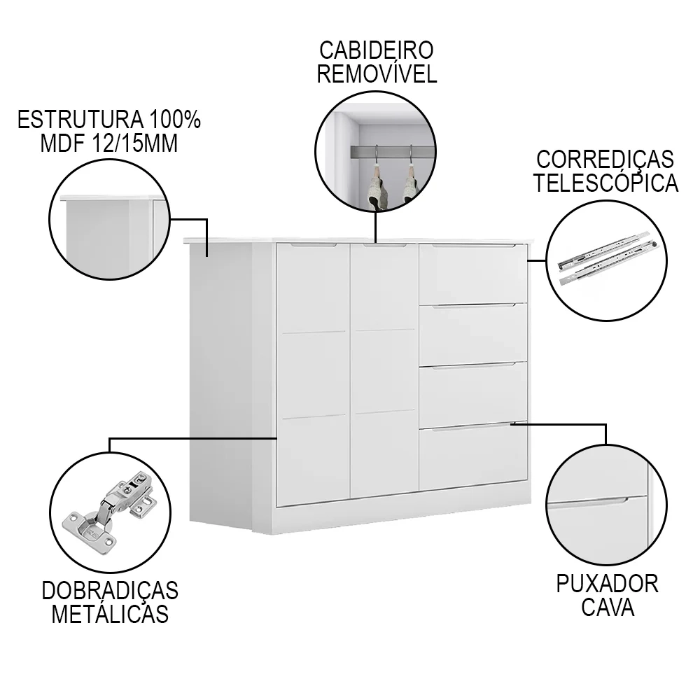 Jogo de Quarto Infantil Guarda Roupa e Cômoda Eloá Branco - Phoenix