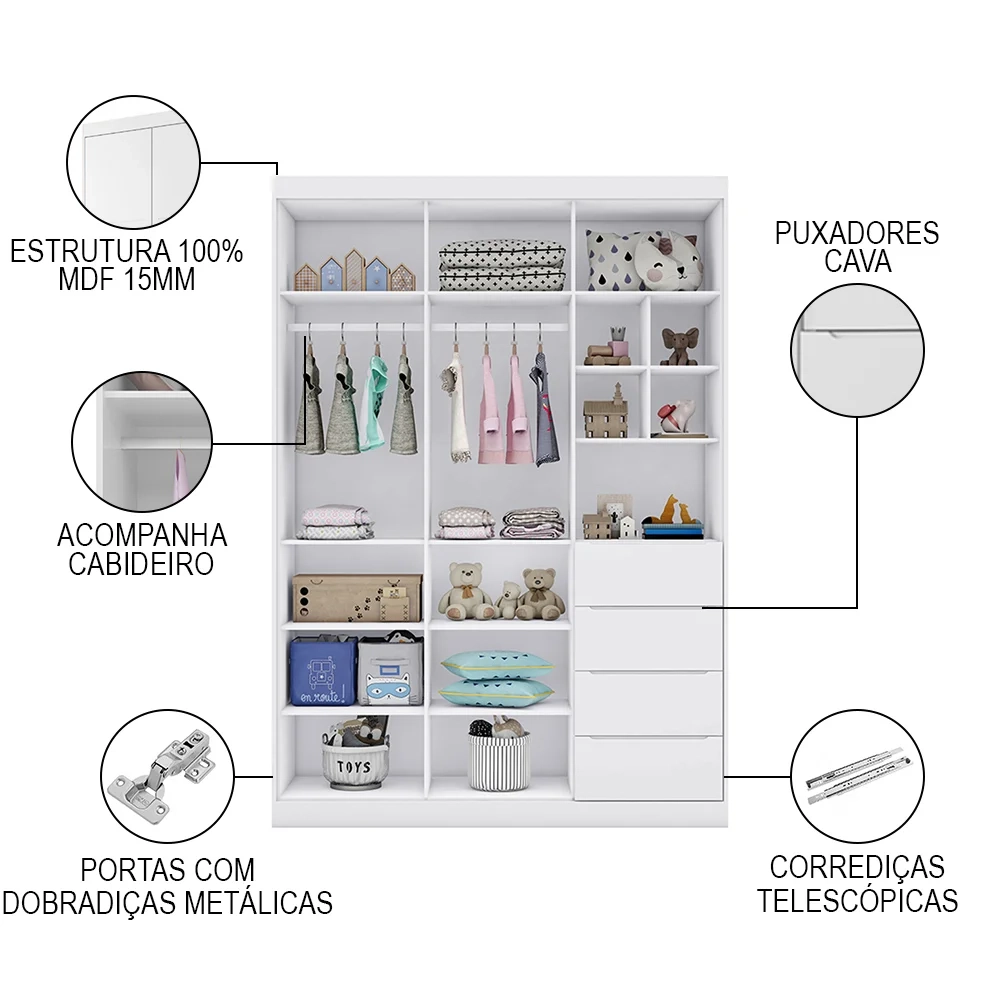 Jogo de Quarto Infantil Guarda Roupa e Cômoda Eloá Branco - Phoenix