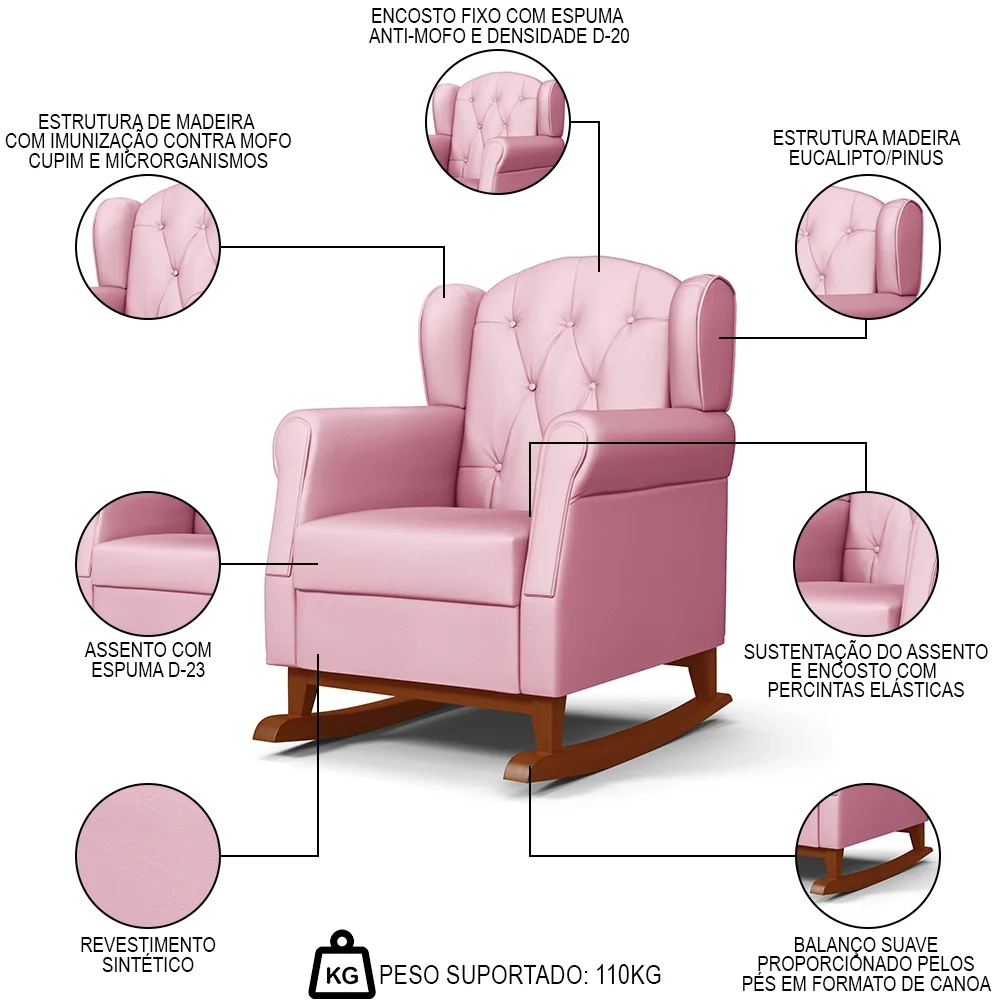 Poltrona Amamentação Base Madeira Balanço e Puff Letícia Sintético Rosa - Phoenix