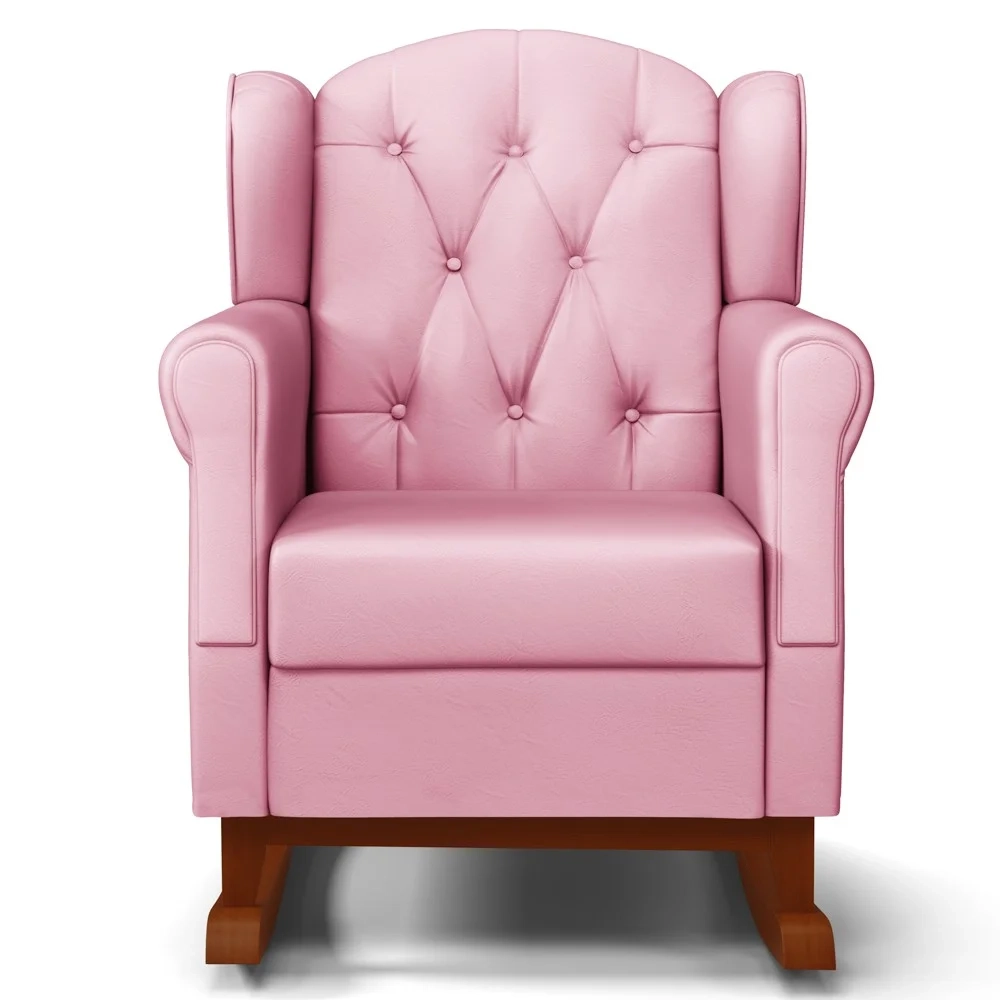 Poltrona Amamentação Base Madeira Balanço e Puff Letícia Sintético Rosa - Phoenix