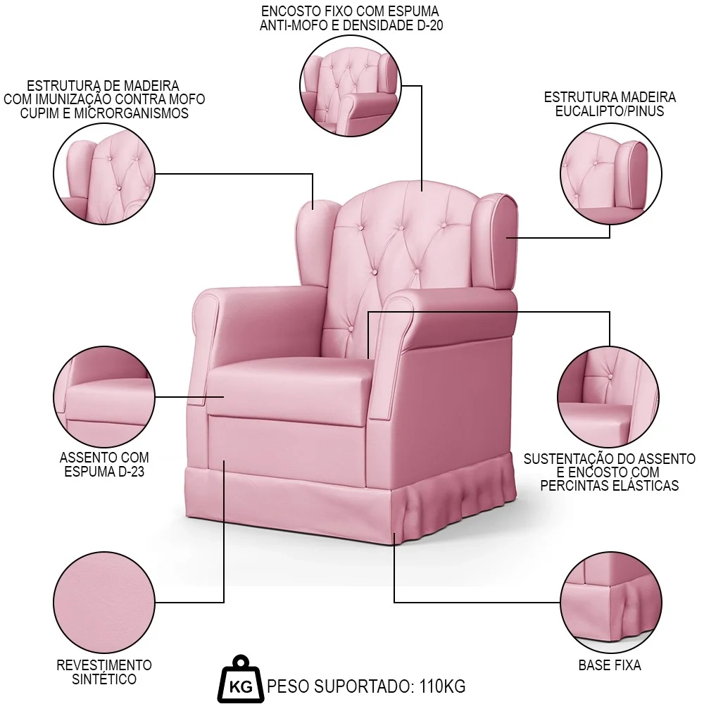 Poltrona de Amamentação Fixa com Puff Letícia Sintético Rosa - Phoenix