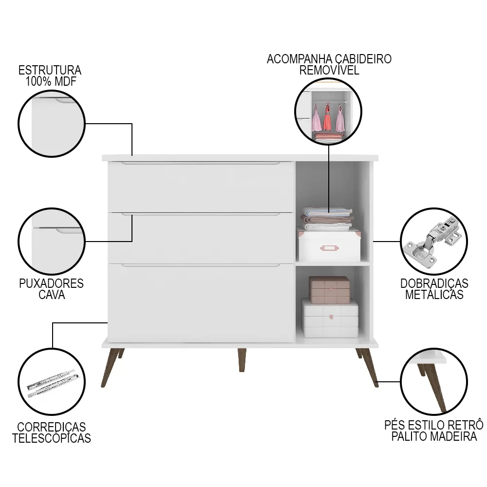 Cômoda Infantil 1 Porta 3 Gavetas 100% MDF Pés Retrô Melinda Branco - Phoenix