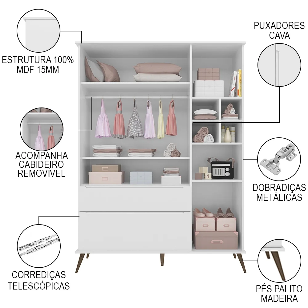 Guarda Roupa Infantil 100% MDF 3 Portas Pés Retrô Melinda Branco - Phoenix