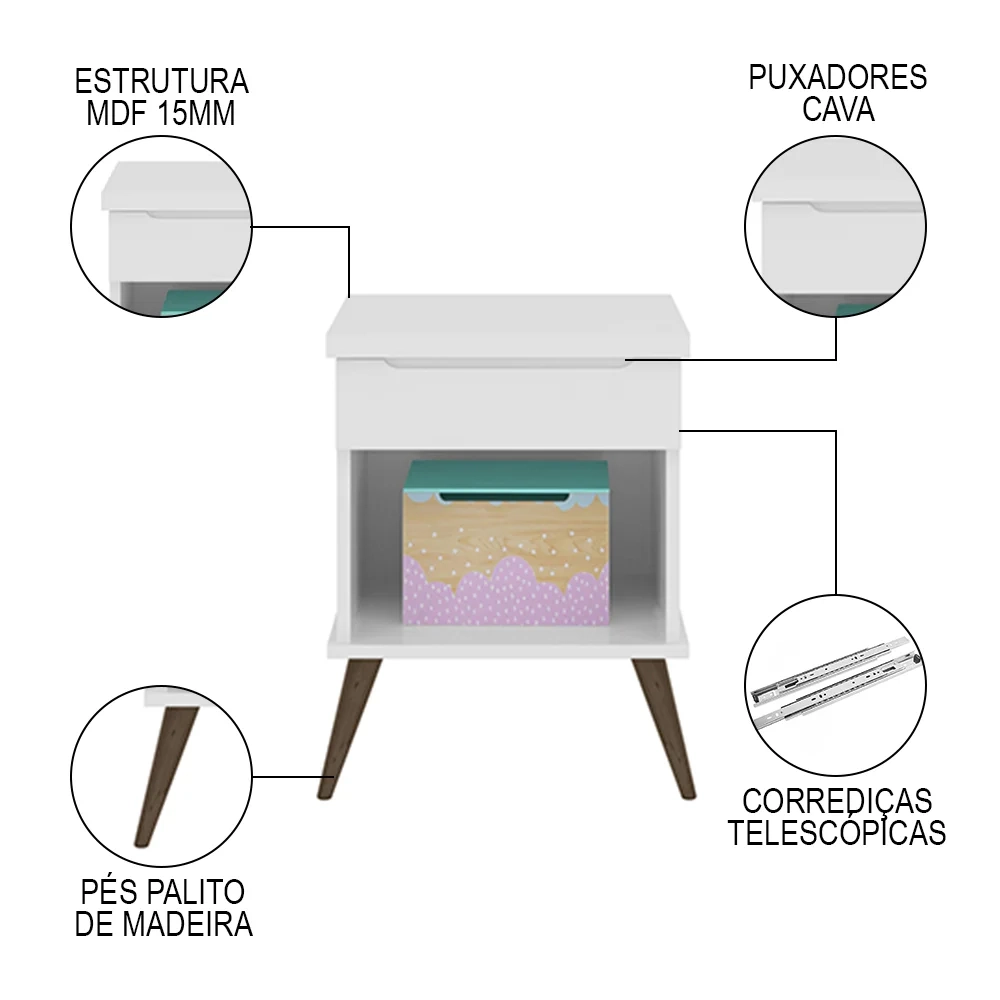 Mesa de Cabeceira Infantil com 1 Gaveta Melinda Branco - Phoenix