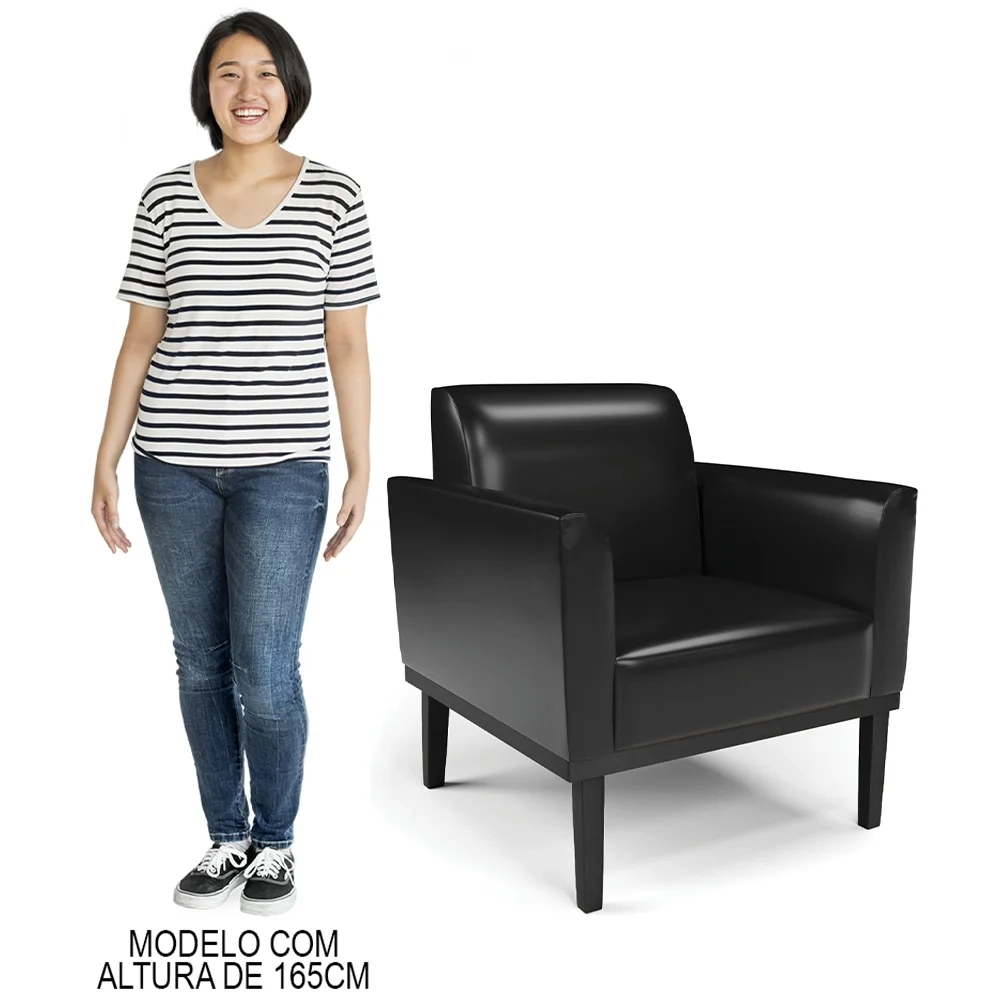 Poltrona Decorativa Base Madeira Preto Maressa Sintético PU Preto- Ibiza
