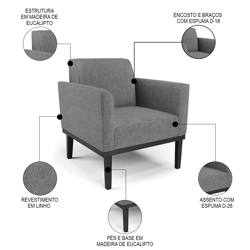 Poltrona Decorativa Base Madeira Preto Maressa Linho Grafite - Ibiza