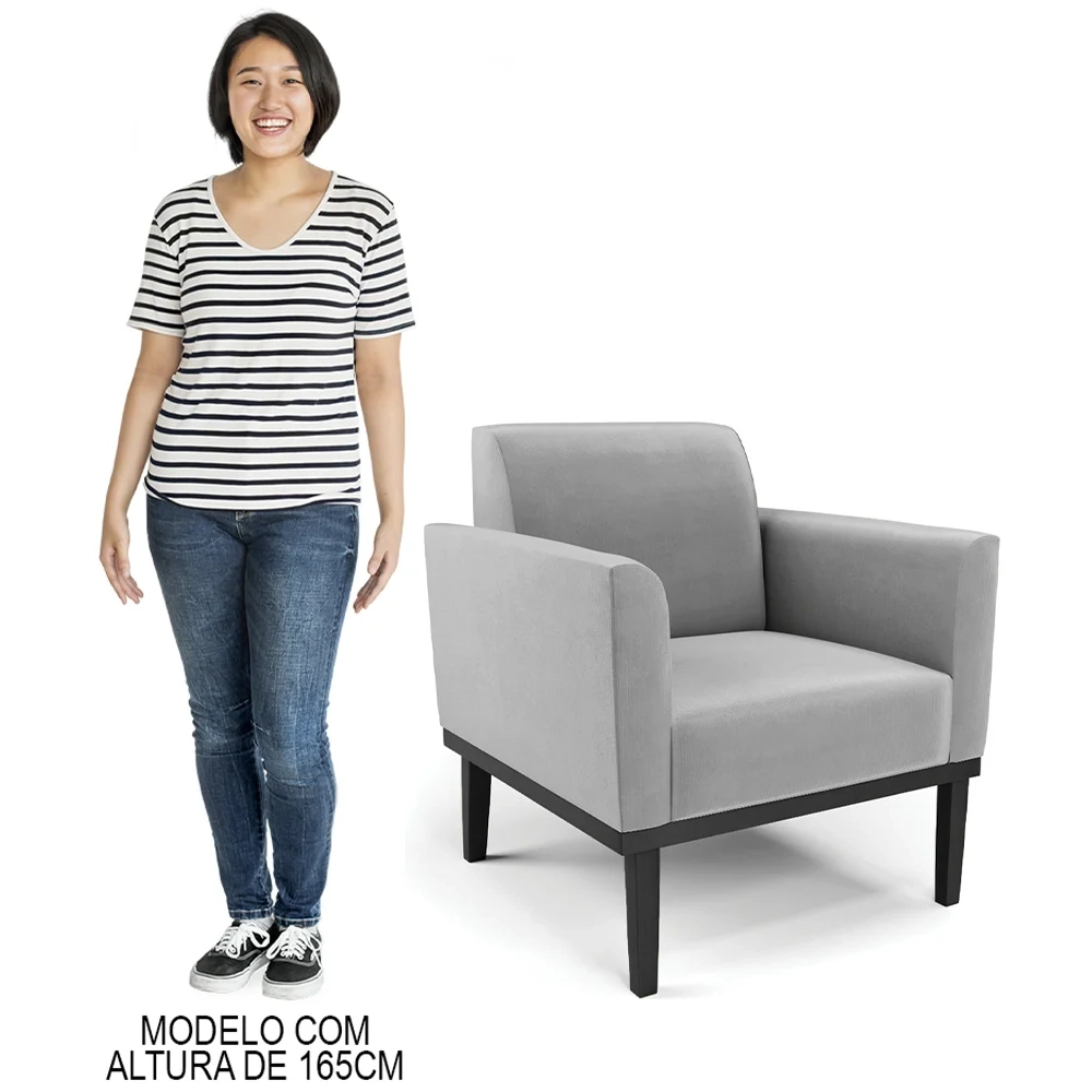 Poltrona Decorativa Base Madeira Preto Maressa Suede Cinza - Ibiza