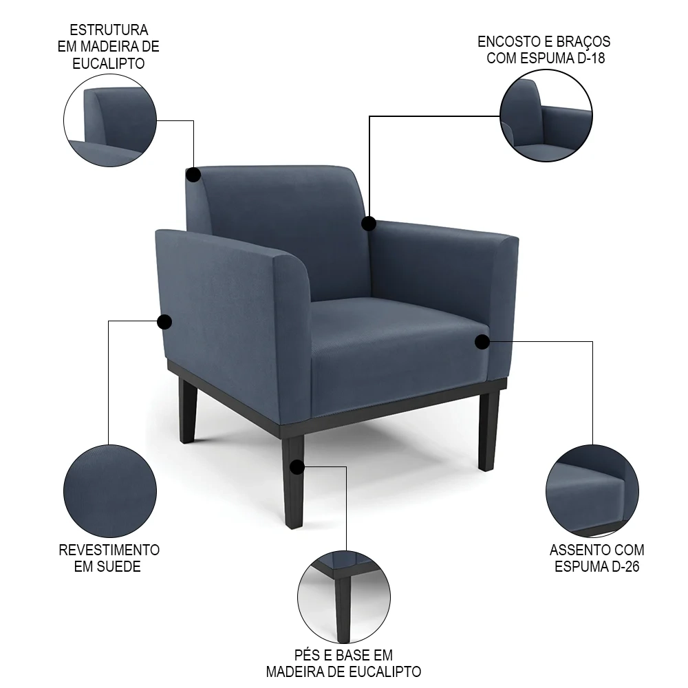 Poltrona Decorativa Base Madeira Preto Maressa Suede Azul Marinho - Ibiza