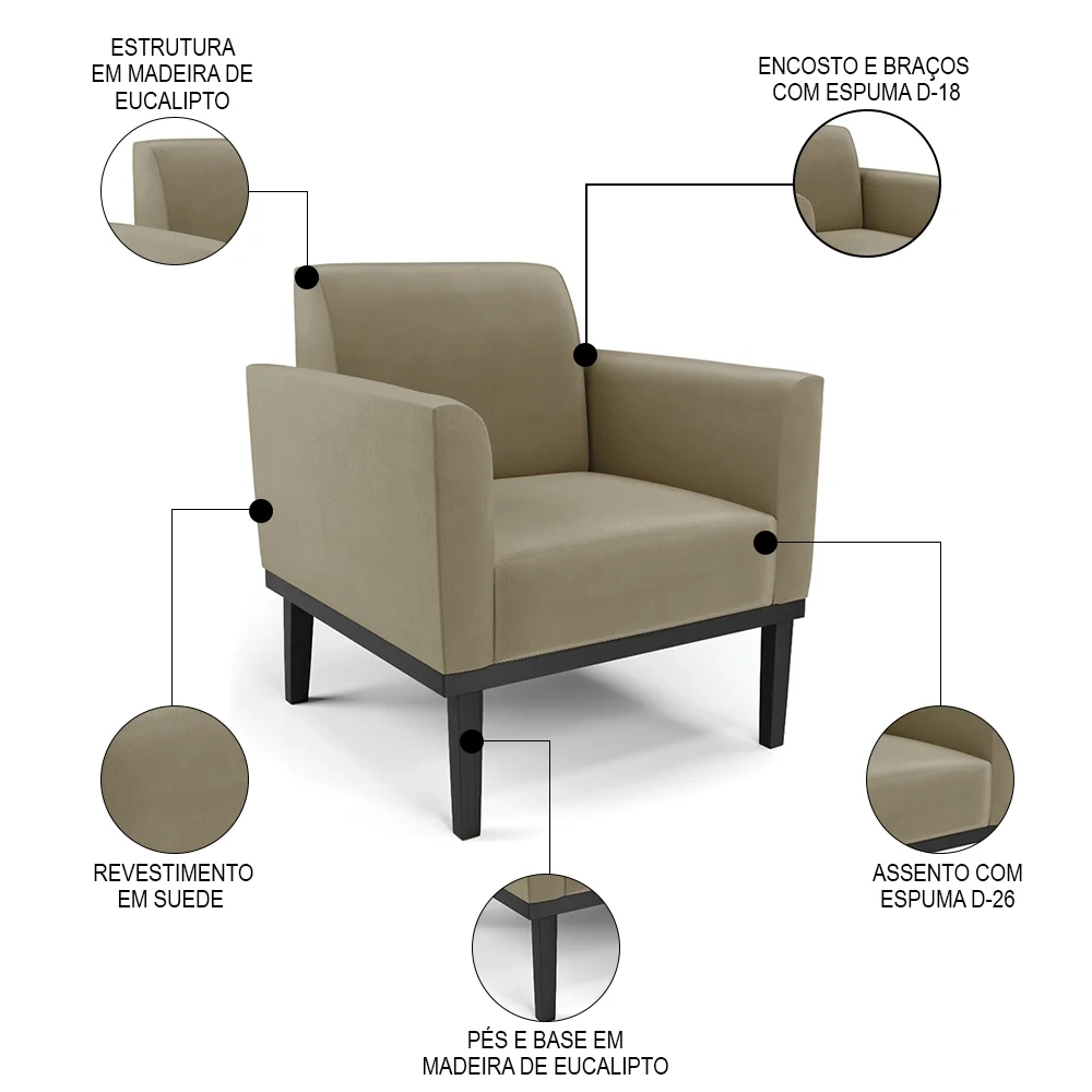 Poltrona Decorativa Base Madeira Preto Maressa Suede Marrom RT - Ibiza