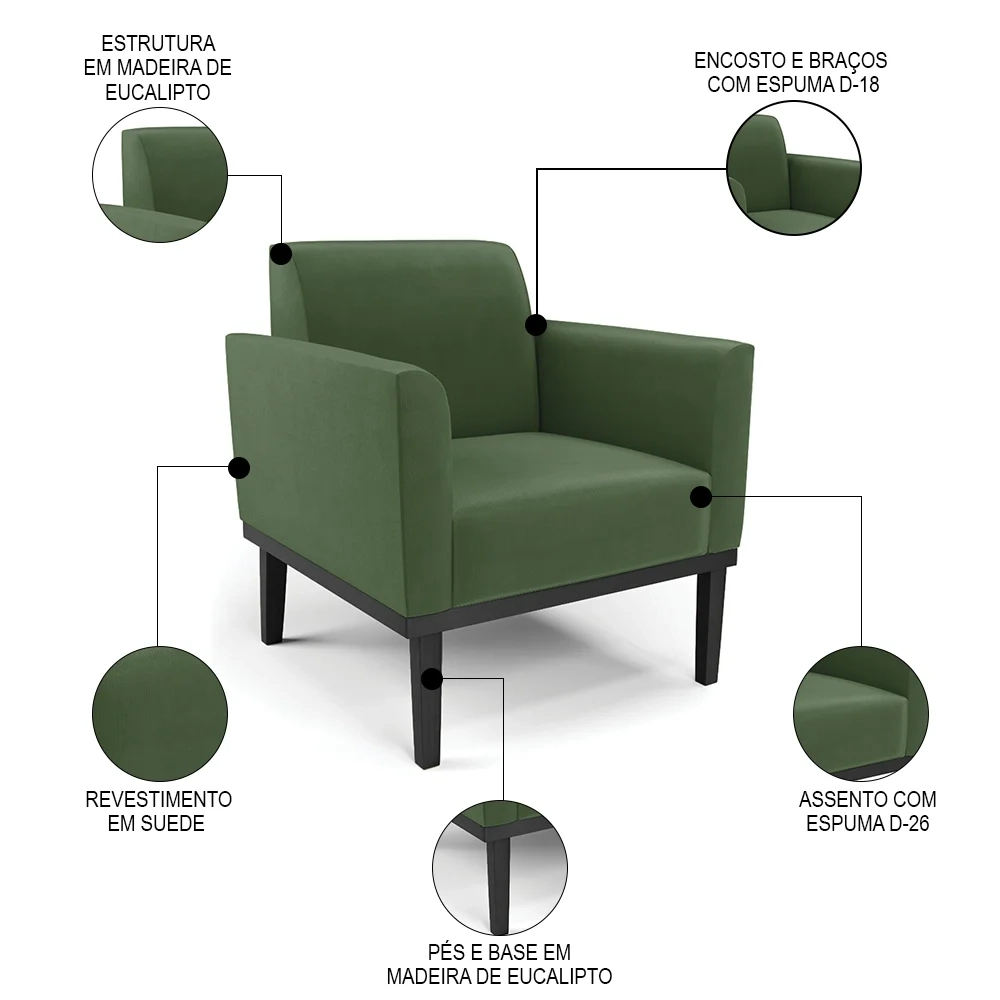 Poltrona Decorativa Base Madeira Preto Maressa Suede Verde - Ibiza