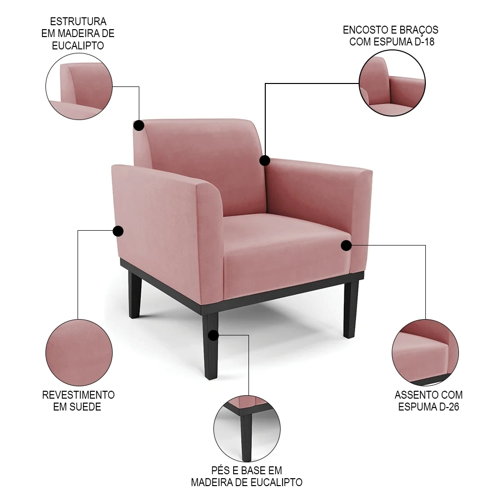 Poltrona Base Madeira Preto Kit 2 Maressa Suede Rosê - Ibiza